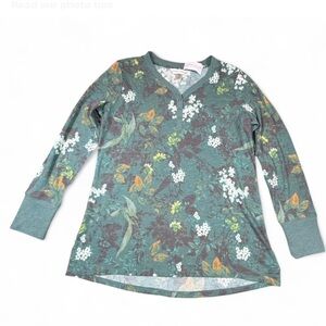 Christopher & Banks Green Floral Long Sleeve waffle knit top NWT